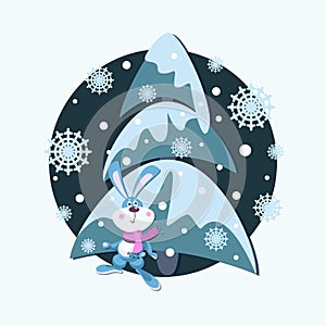 Cute bunny. Rabbit. Winter fir. Emblem. Vector night background, falling snow. Children design.