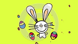 cute bunny in a rain of colorful easter eggs