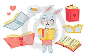 Cute bunny reading, baby rabbit character thinking about carrot in bubble, holding book