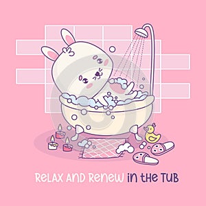 Cute bunny rests in bubble bath. Whimsical relaxed in bathroom cartoon kawaii animal character is shower. Vector