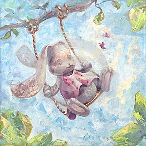 A cute bunny rides on a swing, on a tree. Art poster for the nursery on a blue background. Oil painting, canvas for kids