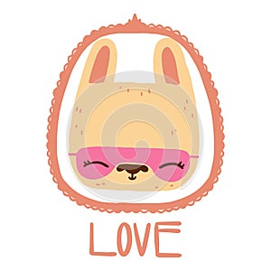 Cute bunny in Scandinavian style with love lettering and frame
