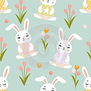 cute bunny seamless pattern and camomile