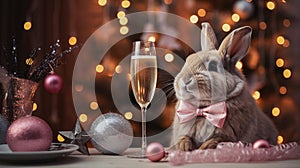 cute bunny sits on the table with a glass of champagne, celebrates the New Year in the interior with pink decor