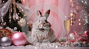 cute bunny sits on the table with a glass of champagne, celebrates the New Year in the interior with pink decor