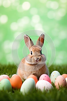 A cute bunny sitting on a bed of green grass with a basket of Easter eggs and copy space for text