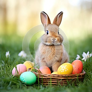 A cute bunny sitting on a bed of green grass with a basket of Easter eggs and copy space for text