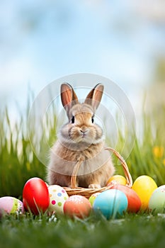 A cute bunny sitting on a bed of green grass with a basket of Easter eggs and copy space for text