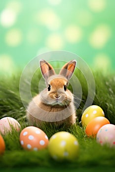 A cute bunny sitting on a bed of green grass with a basket of Easter eggs and copy space for text