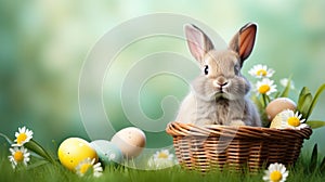 A cute bunny sitting on a bed of green grass with a basket of Easter eggs and copy space for text