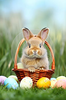 A cute bunny sitting on a bed of green grass with a basket of Easter eggs and copy space for text