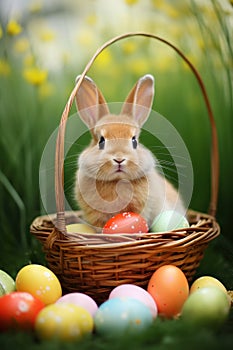 A cute bunny sitting on a bed of green grass with a basket of Easter eggs and copy space for text