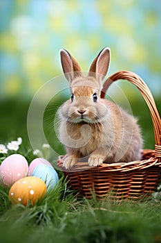 A cute bunny sitting on a bed of green grass with a basket of Easter eggs and copy space for text