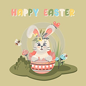 Cute bunny sitting in festive dyed Easter egg. Comic rabbit with floral wreath on head surrounding lawn. Vector cartoon flat