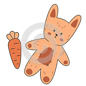 Cute bunny soft toy. A smiling stuffed rabbit with carrot Vector illustration