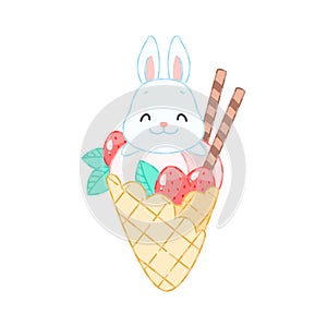 Cute bunny and a strawberry dessert