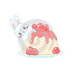 Cute bunny and a strawberry dessert