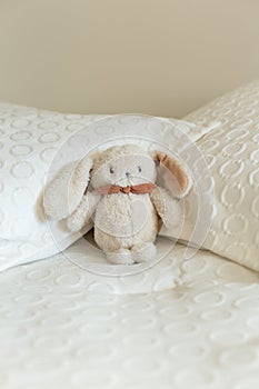 Cute bunny stuffed toy set on pillows and white bedspread