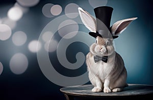 A cute bunny with a top hat and a bow tie sits on an old oval wood table