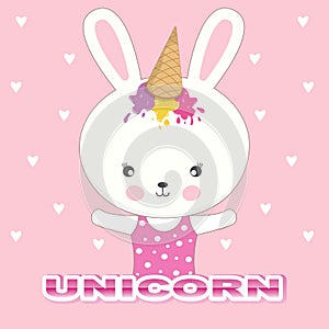 Cute bunny unicorn. Beautiful adorable rabbit in a ice cream cap on a pink background.