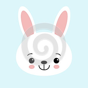 Cute bunny vector graphic icon. White rabbit animal head, face illustration. Isolated on blue background