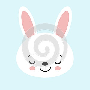 Cute bunny vector graphic icon. White rabbit animal head, face illustration. Isolated on blue background