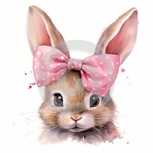 Cute bunny watercolor portrait. Rabbit with a bow