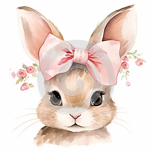 Cute bunny watercolor portrait. Rabbit with a bow