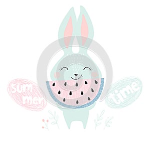 Cute bunny with watermelon