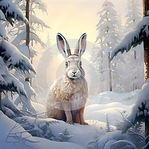 Cute bunny in winter Christmas forest