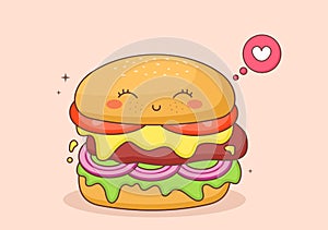 Cute Burger Fast Food Background Vector Illustration With Refreshing Ingredients. Tasty Image Meal in Flat Style Design