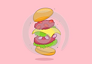 Cute Burger Fast Food Background Vector Illustration With Refreshing Ingredients. Tasty Image Meal in Flat Style Design