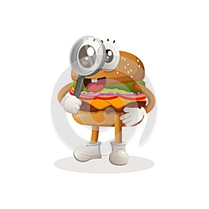Cute burger mascot design conducting research, holding a magnifying glass