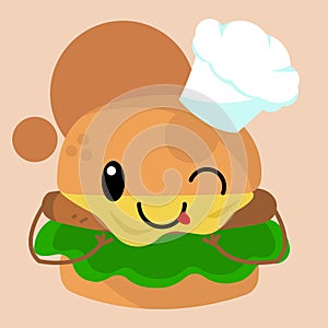 Cute Burger Wear A Chef Hat Flat Design Character Printable and Scalable