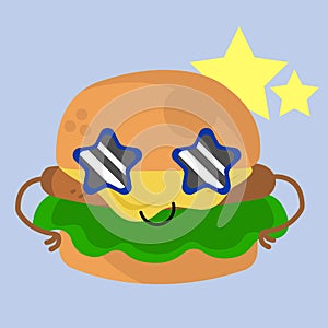 Cute Burger Wear A Star Shaped Glass Flat Design Character Printable and Scalable