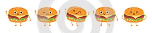 Cute burgers different poses and emotions. Isolated kawaii burger happy and sad. Fresh hamburger cartoon mascot, racy