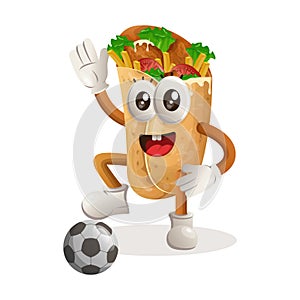 Cute burrito mascot play football, soccer ball