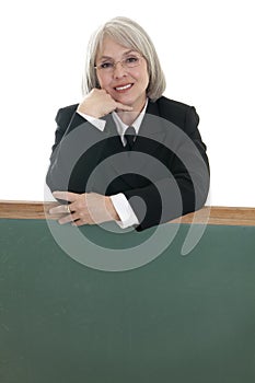 Cute business woman with blank chalkboard