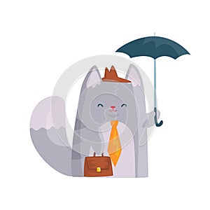 Cute businessman cat with briefcase standing under umbrella, funny animal character cartoon vector Illustration