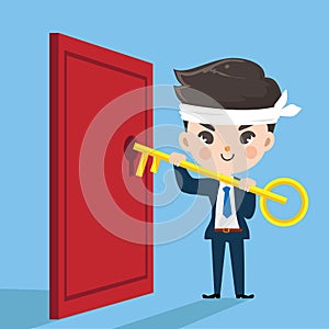 Cute businessman key open the door.