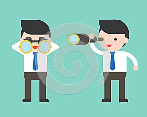 Cute Businessman or manager with binoculars and monocular scope, ready to use character