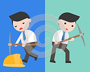 Cute Businessman or manager with pick axe in two mode, full of e