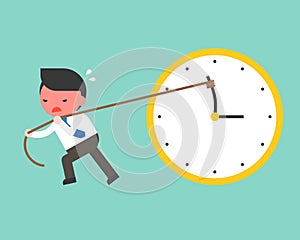 Cute businessman try hard to pull back minute hand anti clockwise by rope, vector turn back time concept