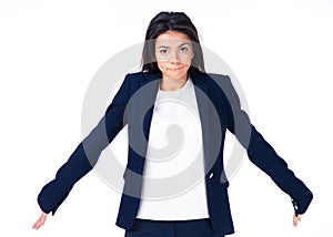 Cute businesswoman shrugging her shoulders