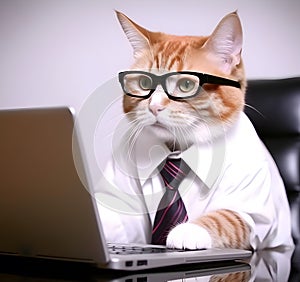 Cute busy cat with glasses. Concept of pet officer, business or office hours