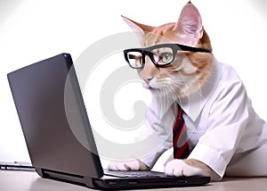 Cute busy cat with glasses. Concept of pet officer, business or office hours