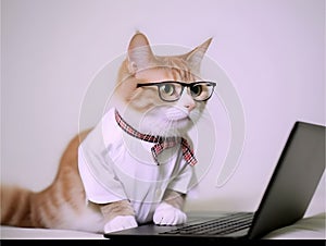 Cute busy cat with glasses. Concept of pet officer, business or office hours