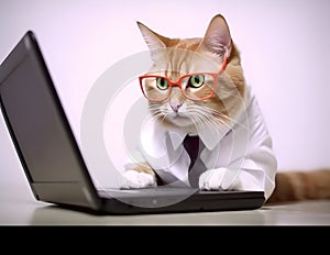 Cute busy cat with glasses. Concept of pet officer, business or office hours