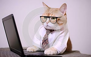 Cute busy cat with glasses. Concept of pet officer, business or office hours