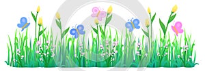 Cute butterflies flying on flowers and grass, cartoon vector